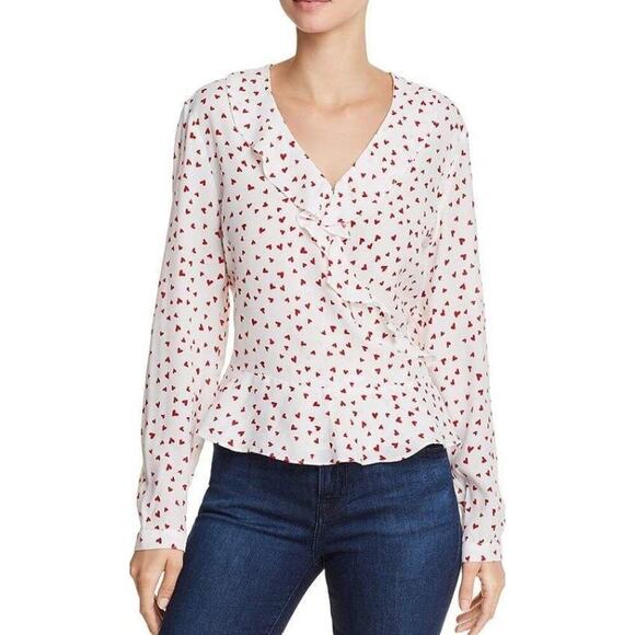 Rails L Blouse Wrap White & Red Heart Pattern Simone Blouse Top Ruffle Trim - Picture 1 of 8